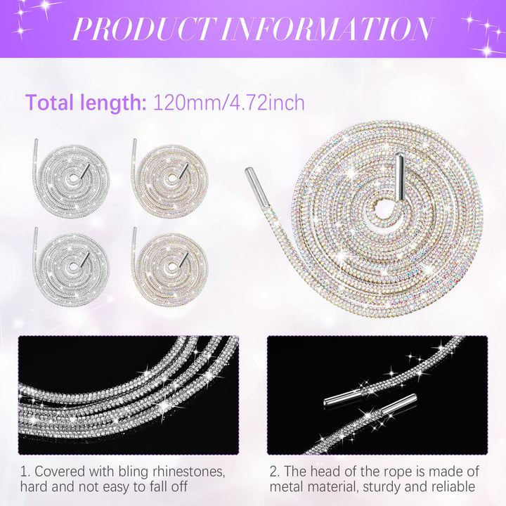 4 Piece Rhinestone Shoe Laces Crystal Glitter Rope Bling Hoodie String Rhinestone Glitter Rope for Sneakers Sweatpants (White, AB Color)