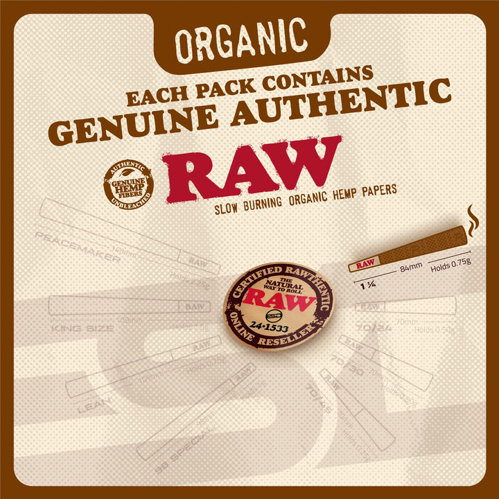 RAW Cones Organic 1-1/4 Size | 100 Pack | Pre Rolled Ro