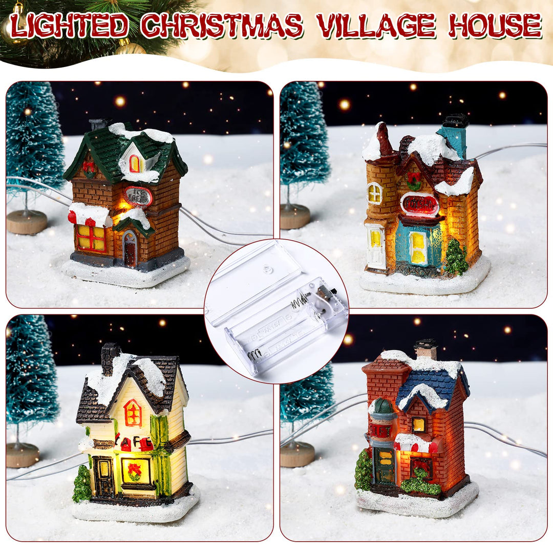 31 Pcs Christmas Village Figurines Decoration Set Lighted LED Christmas Village Houses with Figurines and Snow Blanket Roll for Christmas Town Scene Desktop Ornaments Battery Operated Landscape Decor