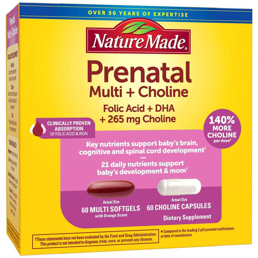 Prenatal Vitamin Softgels + Choline Capsules, Folic Acid + DHA + Choline, 60 Prenatal Vitamins for Women, 60 Choline Supplements Capsules, 60 Day Supply
