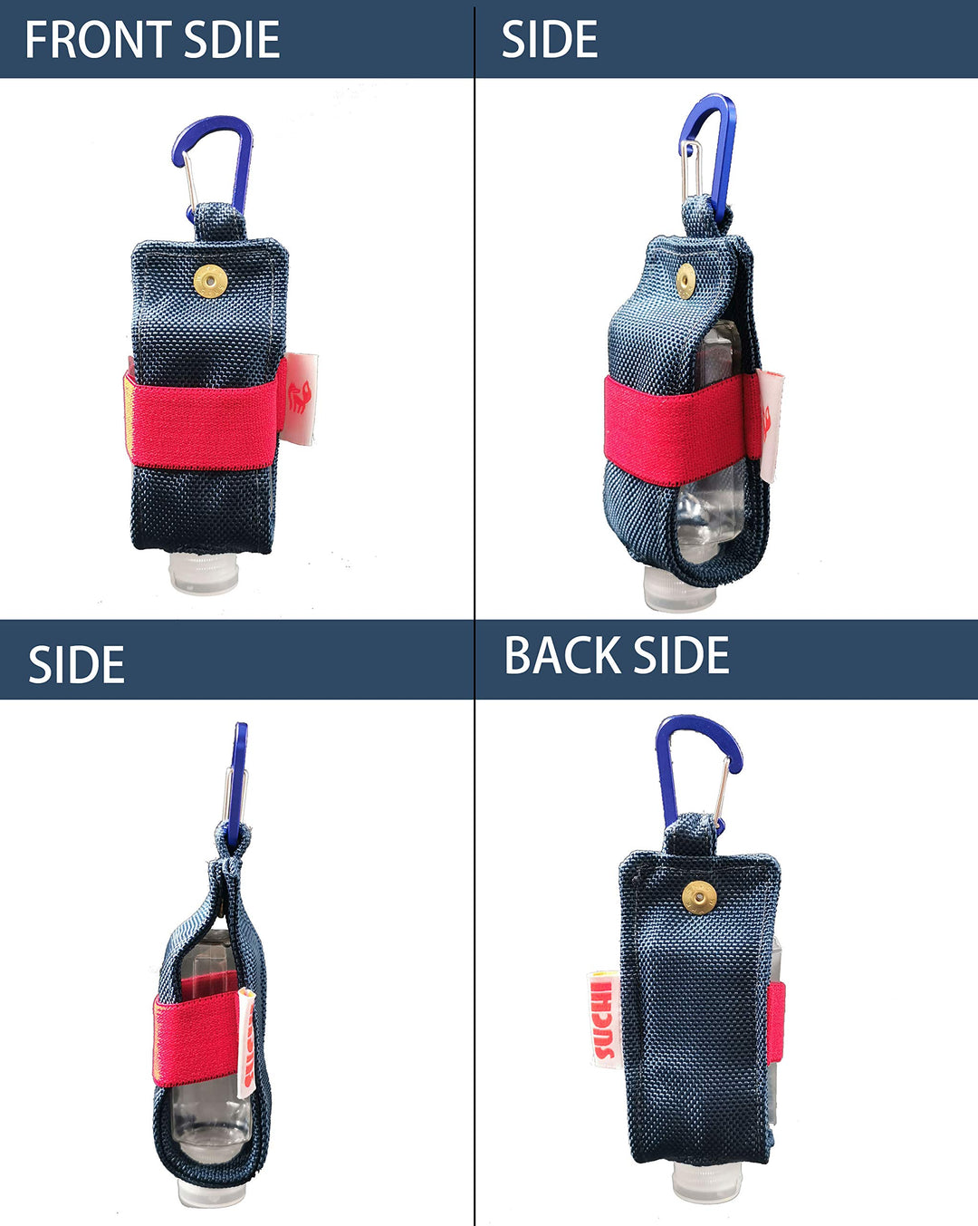Travel Size Hand Sanitizer Holder,Bottle Case and Carabiner Carrier bag-Portable Mini Waist Bag for Liquids Clip On Belt Loop, Backpack and Purse - Includes Empty 60ml/ 2 oz Reusable Bottle (Blue)