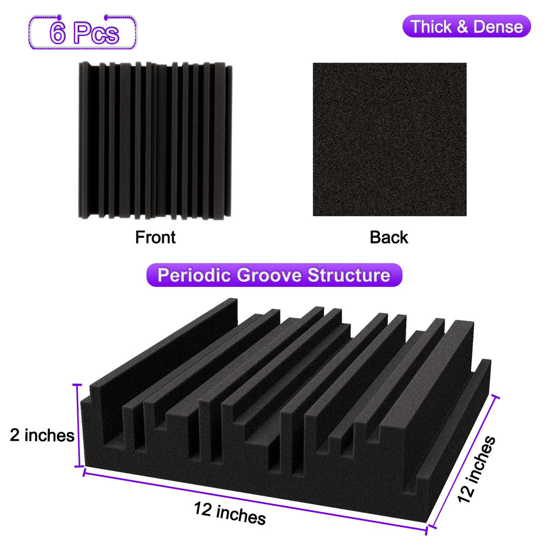 Thick Acoustic Foam Panels, 12 X 12 X 2 Inches 6 Pcs Broadband Sound Absorbing Foam, Dense Soundproof Padding Tile, Recording Studio Foam Absorber, Groove Decorative 3D Wall Ceiling Panel