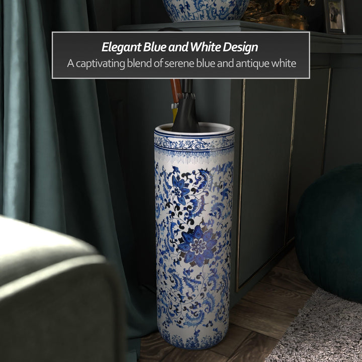24 Floral Blue &amp; White Porcelain Umbrella Stand, 2 foot