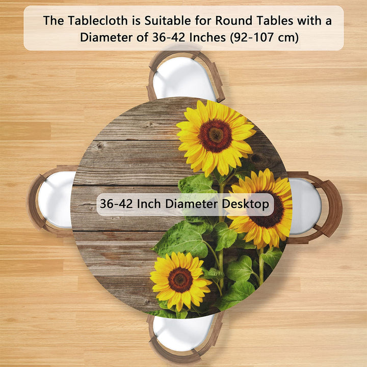 Wooden Flower Sunflower Fitted Round Tablecloth with Elastic Stain Resistant Table Cloth Waterproof Table Cover for Kitchen Dining Party Fits up to 36-42, Small