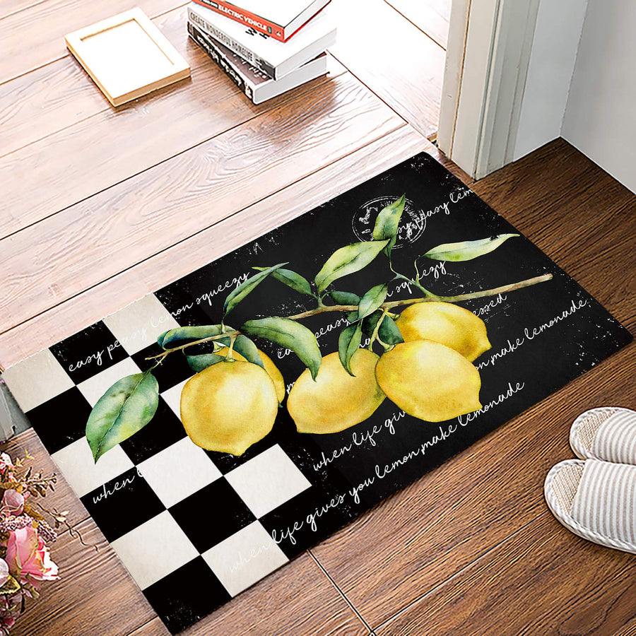 Summer Tropical Lemon Entrance Door Mat, Buffalo Plaid Black White Low Profile Spring Decor Welcome Doormat, Non-Slip Carpet Rugs Floor Mat Decorative for Home/Bathroom/Kitchen/Indoor - 16x24