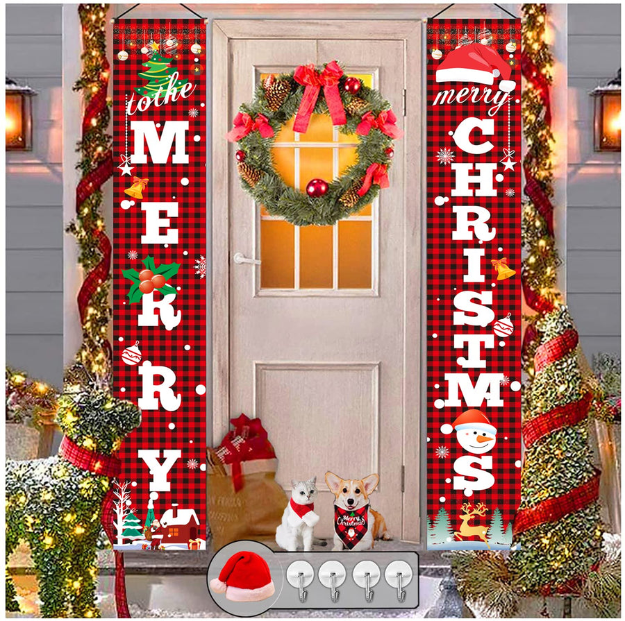 Merry Christmas Banner(2+1Pack)-Waterproof&Reusable&Fade Resistant Christmas Porch Signs-Christmas Porch banner decoration for yard indoor outdoor front door party,Include a christmas hat