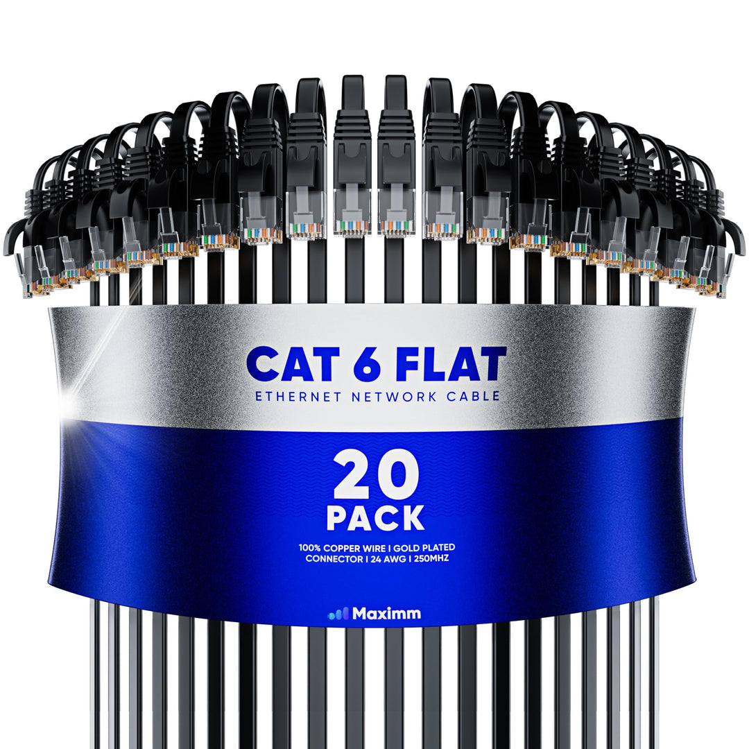 Cat 6 Ethernet Cable 2 ft - with a Flat, Space-Saving Design High-Speed Internet &amp; Network LAN Patch Cable, RJ45 Connectors - 2ft / Black / 20 Pack - Perfect for Gaming, Streaming, and More