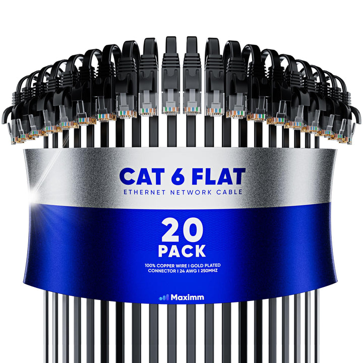 Cat 6 Ethernet Cable 2 ft - with a Flat, Space-Saving Design High-Speed Internet &amp; Network LAN Patch Cable, RJ45 Connectors - 2ft / Black / 20 Pack - Perfect for Gaming, Streaming, and More