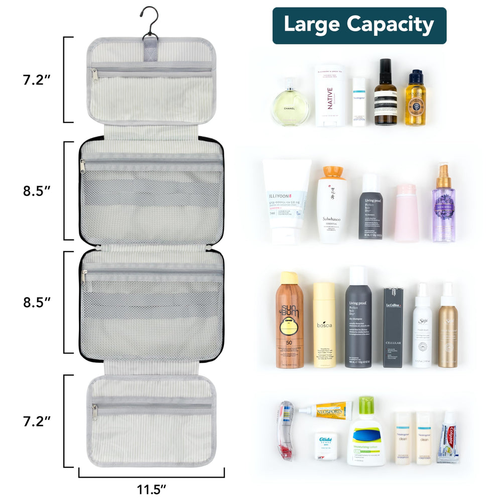 Hanging Toiletry Bag Travel Bag Women Men, Foldable Cosmetic Organizer, Roll up Makeup Bag, Water Resistant Accessories Toiletries, Large Travel Essentials Kit (Black Chevron)
