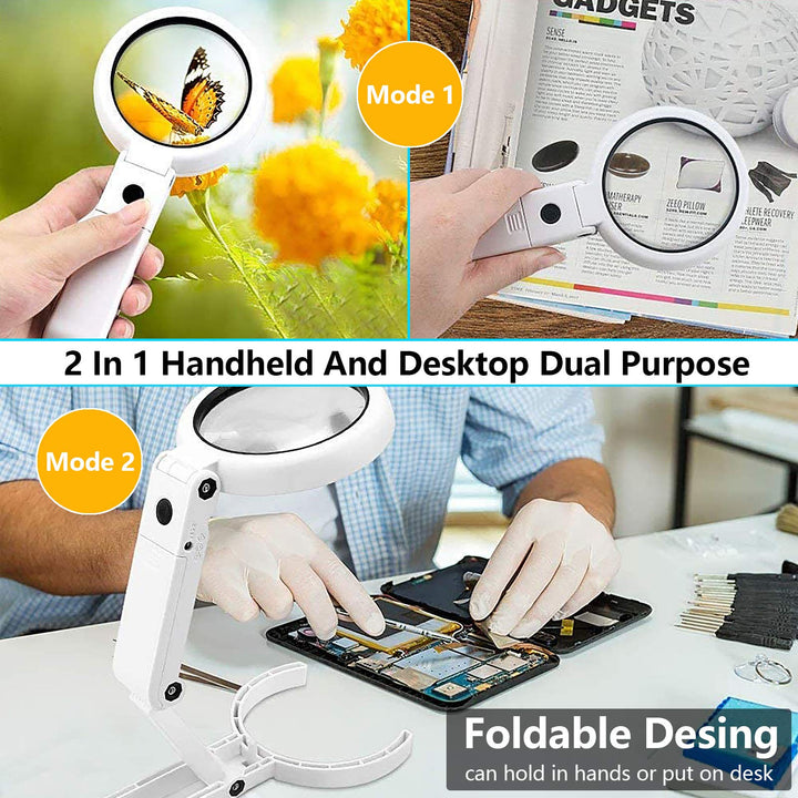 30X 10X Magnifying Glass with Light and Stand, Foldable Handheld Magnifying Glass & 2 Level Dimmable for Close Work, Macular Degeneration, Seniors Reading, Powered by Battery or USB