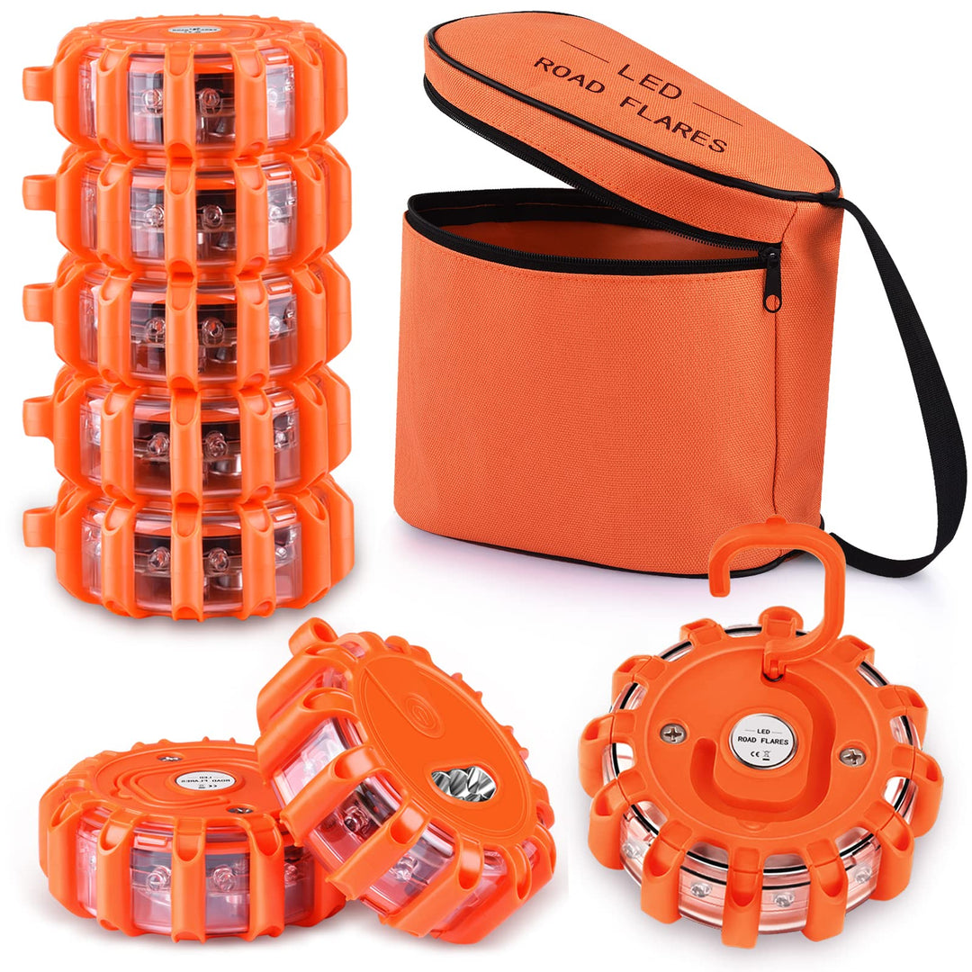 [8 Pack] LED Road Flares Safety Flashing Warning Light Roadside Emergency Disc Beacon Kit for Vehicles Boats with Magnetic Base &amp; Hook, Premium Storage Bag (Batteries Not Included) (8)