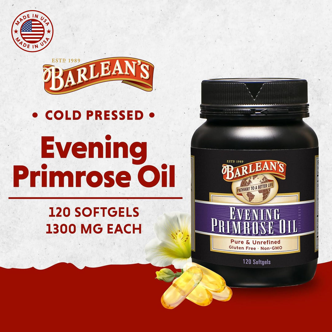 Barlean&#39;s Evening Primrose Oil Capsules, GLA Supplement for Men and Women, Healthy Skin, Immune Support and Bone Strength 1300mg Softgels, 120 Count