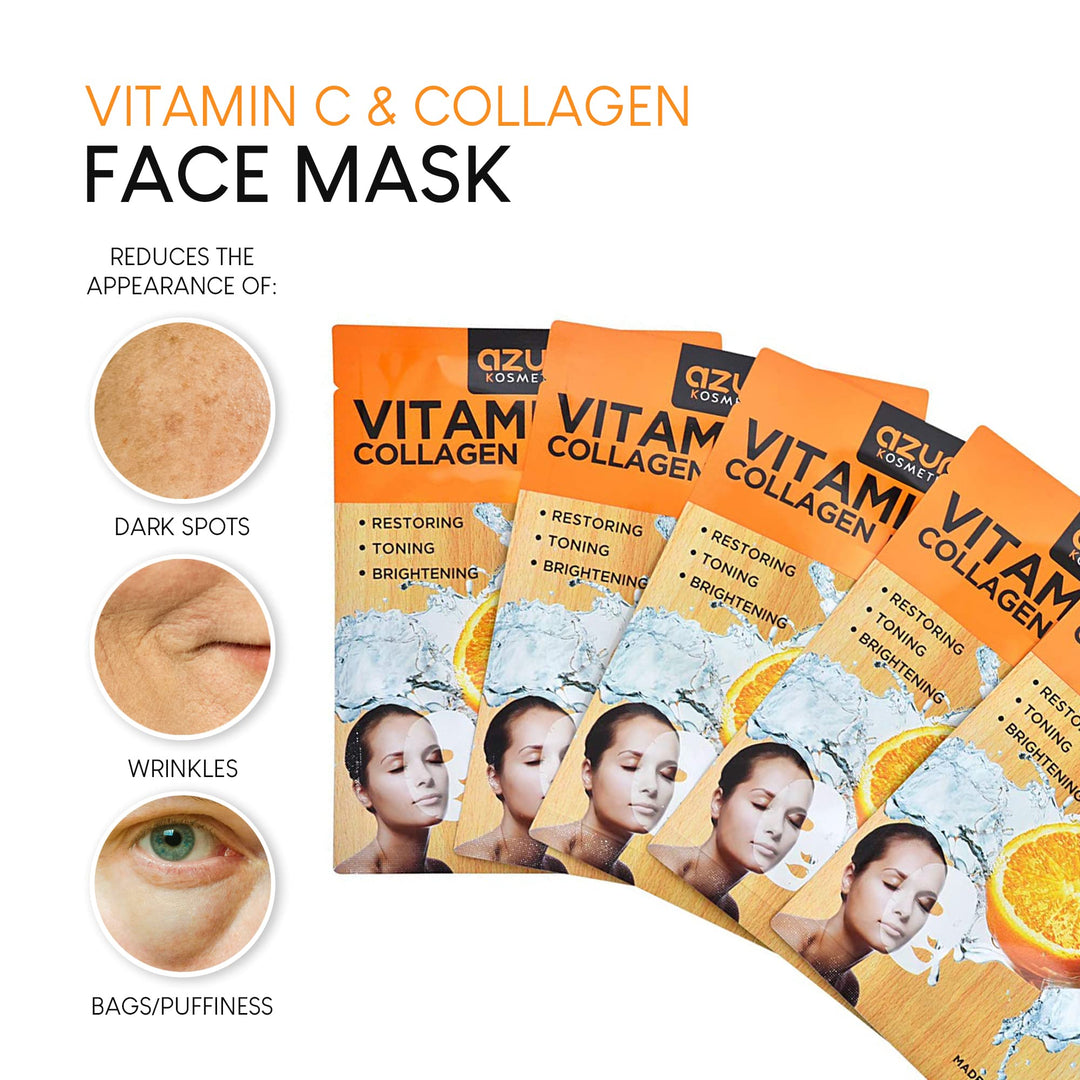 Collagen and Vitamin C Moisturizing Face Mask by Azure - Reduces Signs of Aging | Improve Skinââ‚¬â„¢s Elasticity | Hydrates Your Skin| - 5 Pack