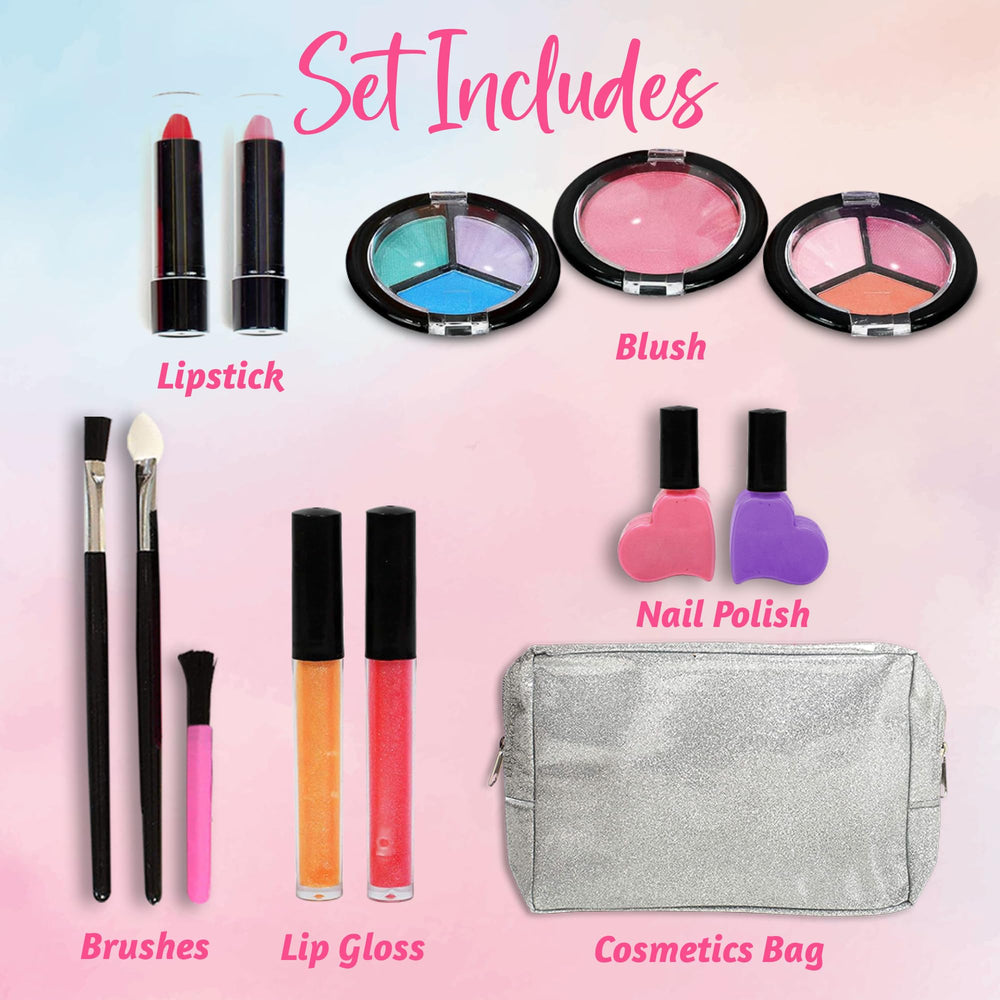 14 Piece Pretend Play Makeup Kit for Girls - Washable Princess Makeup Set with Glitter Cosmetics Bag, Pretend Makeup for Little Girls Ages 3 4 5 6 7 8, Fake Makeup, Pretend Makeup for Toddlers,