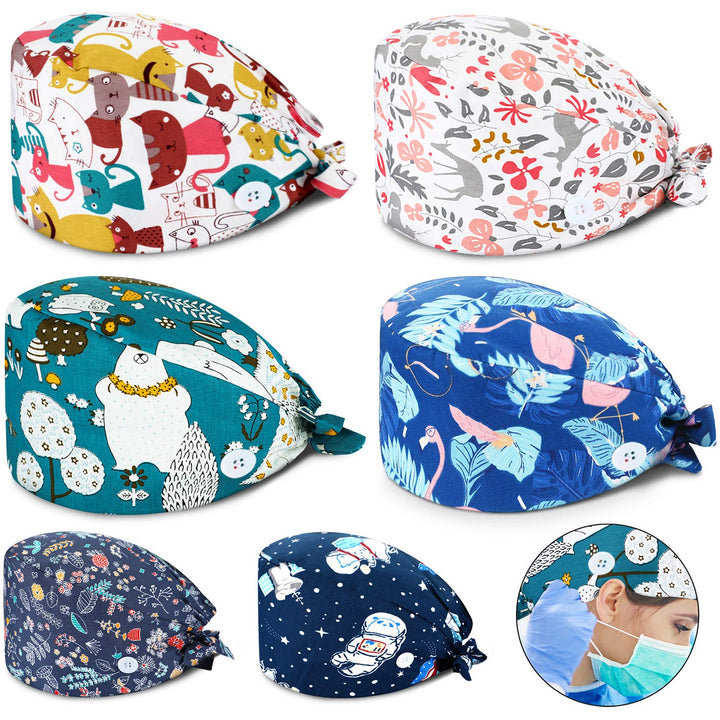 6 Pieces Scrub Caps with Buttons Printed Bouffant Hats with Sweatband Adjustable Working Cap Ponytail Scrub Caps for Nurses Men Women Multicolored