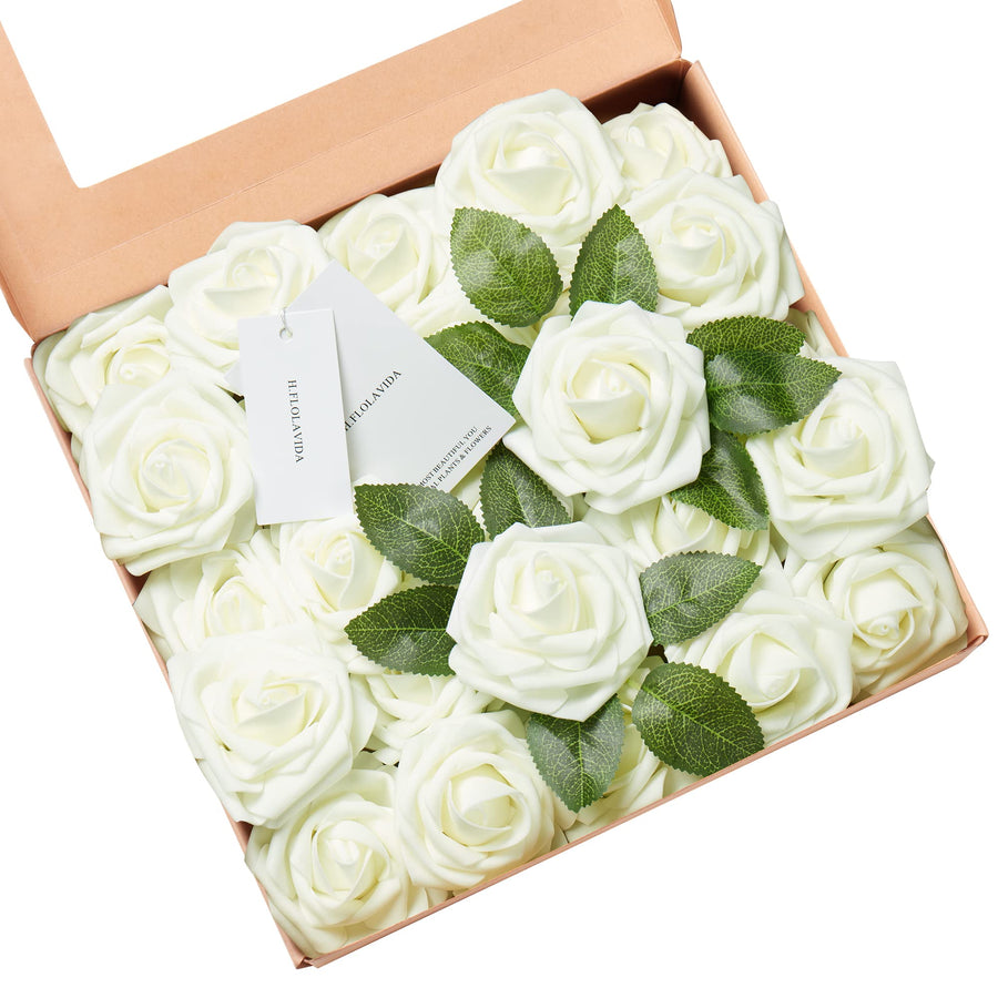 Cream White Foam Rose Artificial Flowers Heads with Stems, 25pcs Fake Flowers for DIY Wedding Decor, Baby Shower, Bridal Shower, Wedding Bouquet,Party Centerpiece Table Decorations