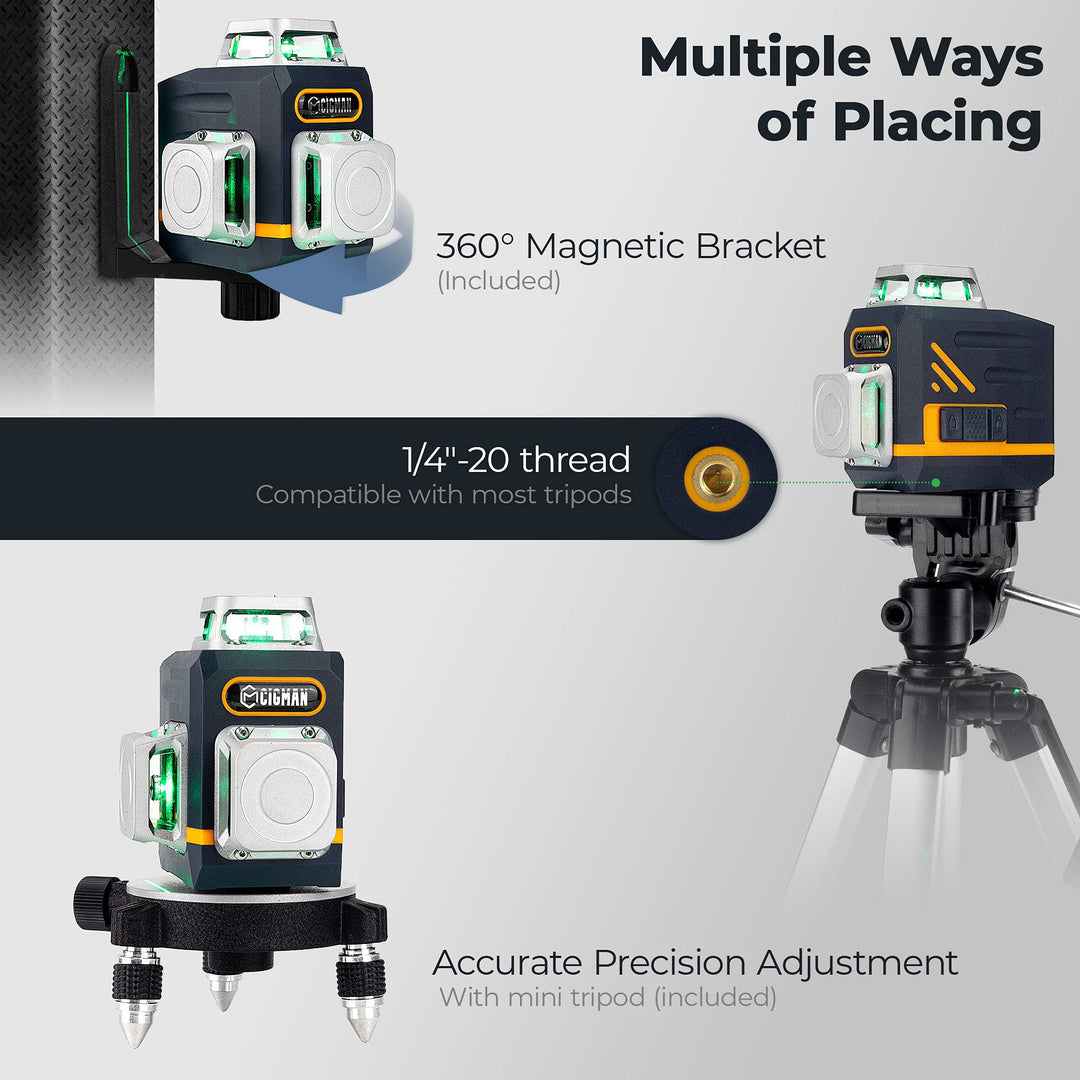 Laser Level Self Leveling 3x360° 3D Green Cross Line for Construction and Picture Hanging, Rechargeable battery, Remote Controller, Magnetic Rotating Stand Included
