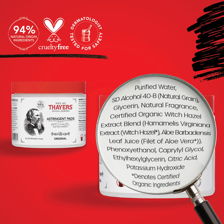 Thayer&#39;s Thayers Witch Hazel With Aloe Vera - 60 Pads