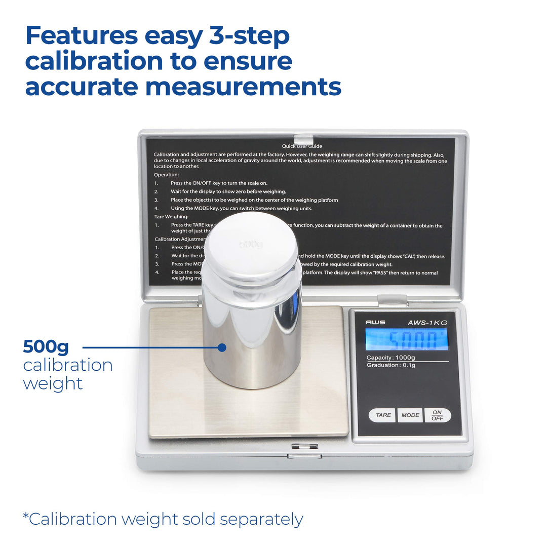 American Weigh Scales Series Digital Pocket Weight Scale, Lightweight, Accurate Measurement 1kg x 0.1g, (Silver), AWS-1KG-SIL