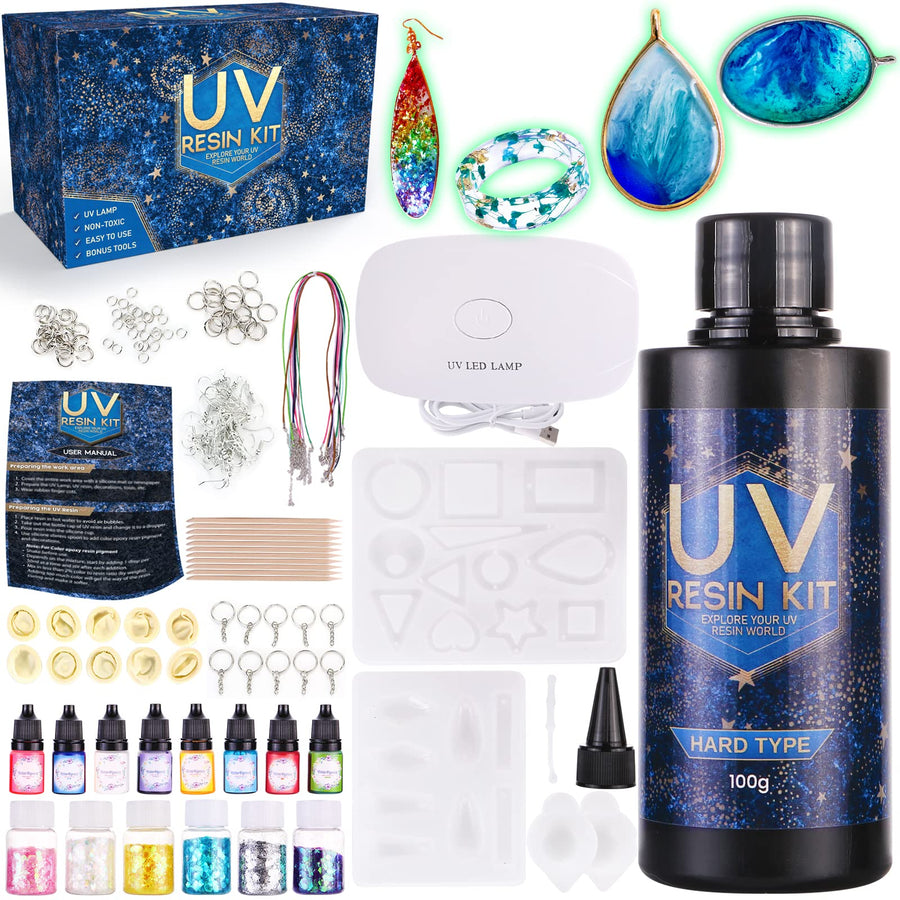 Epoxy UV Light Resin Kit - Silicone Molds UV Clear Casting Curing Jewelry Making Supplies Necklace Keychain Bracelet Arts Crafts Resin Bundle Office Home Decor Complete Set