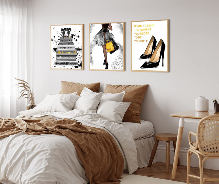 Glam Black Golden Fashion Wall Art Girls Room Decor Wall Black Golden Fashion Shopping lady Perfume Flower Book High Heels Posters Prints Women Decor Bedroom(8x10 inch Unframed, Black)