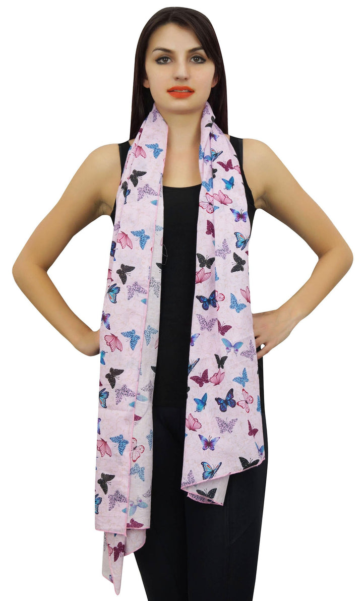 Baby Pink Butterfly Print Women Long Shawl Stole Cotton Voile Scarf