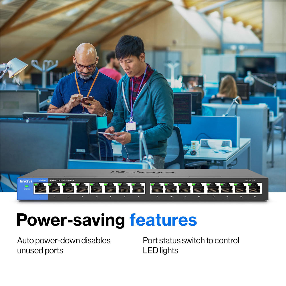 LGS116 16 Port Gigabit Unmanaged Network Switch - Home / Office Ethernet Switch Hub with Metal Housing - Wall Mount or Desktop Ethernet Splitter, Easy Plug & Play Connection