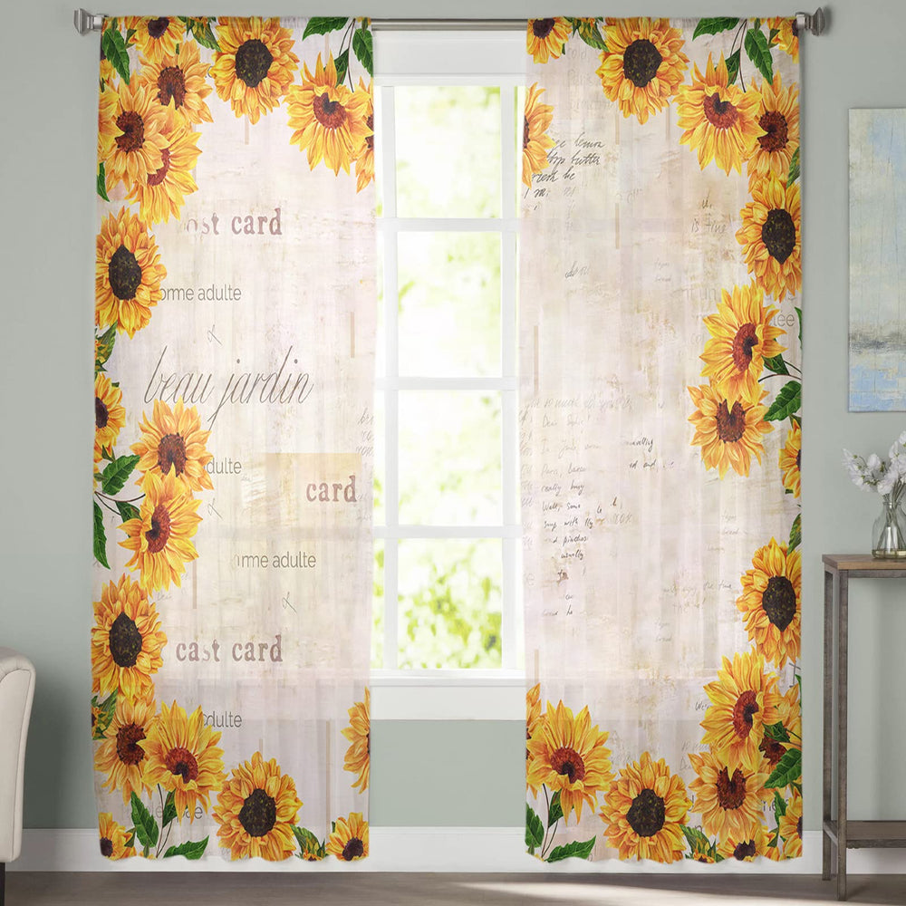 Sunflower Sheer Curtains 63 Inch Length 2 Panels Set, Yellow Floral Rustic Paper Farmhouse Curtains Semi Transparent Voile Rod Pocket Curtains for Living Dining Room Bedroom Drapes Decorations