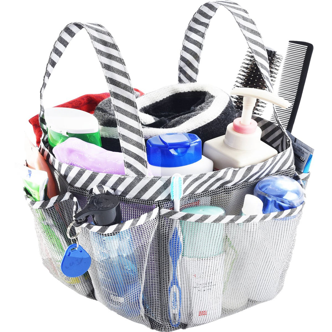 Mesh Shower Caddy Bag, Portable College Dorm Bathroom Tote, Quick Dry Holder for Camp Gym, 8 Basket Pockets with Key Hook and 2 Oxford Handles, Gray