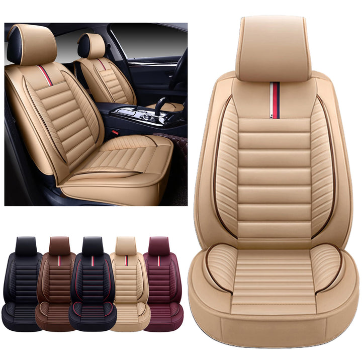 Car Seat Covers Premium Waterproof Faux Leather Cushion Universal Accessories Fit SUV Truck Sedan Automotive Vehicle Auto Interior Protector Front Pair (OS-001 Tan)