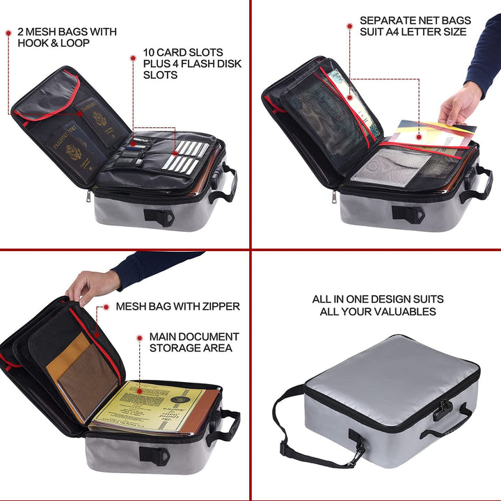 Fireproof Document Bag with Lock &amp; Fireproof Money Bag for Cash Set, Fireproof Document Safe Organizer for Travel, Fireproof File Storage Bag with Lock, Multi-Layer Portable File Organizer Gray