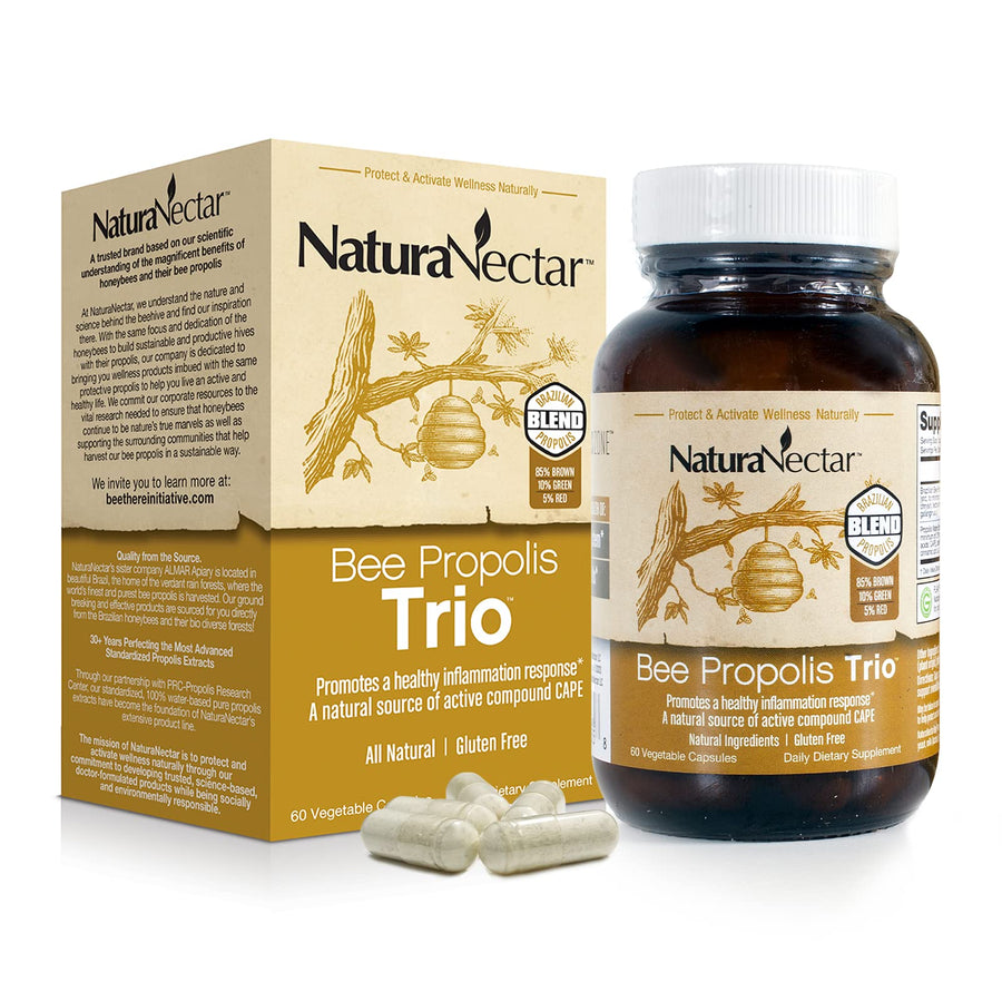 - Bee Propolis Trio Capsules, NSF Certified Premium Brazilian Propolis - Gluten-Free Supplements with More Diverse Flavonoids & PWE - Naturally Sourced Through Ethical Beekeeping (60pcs.)
