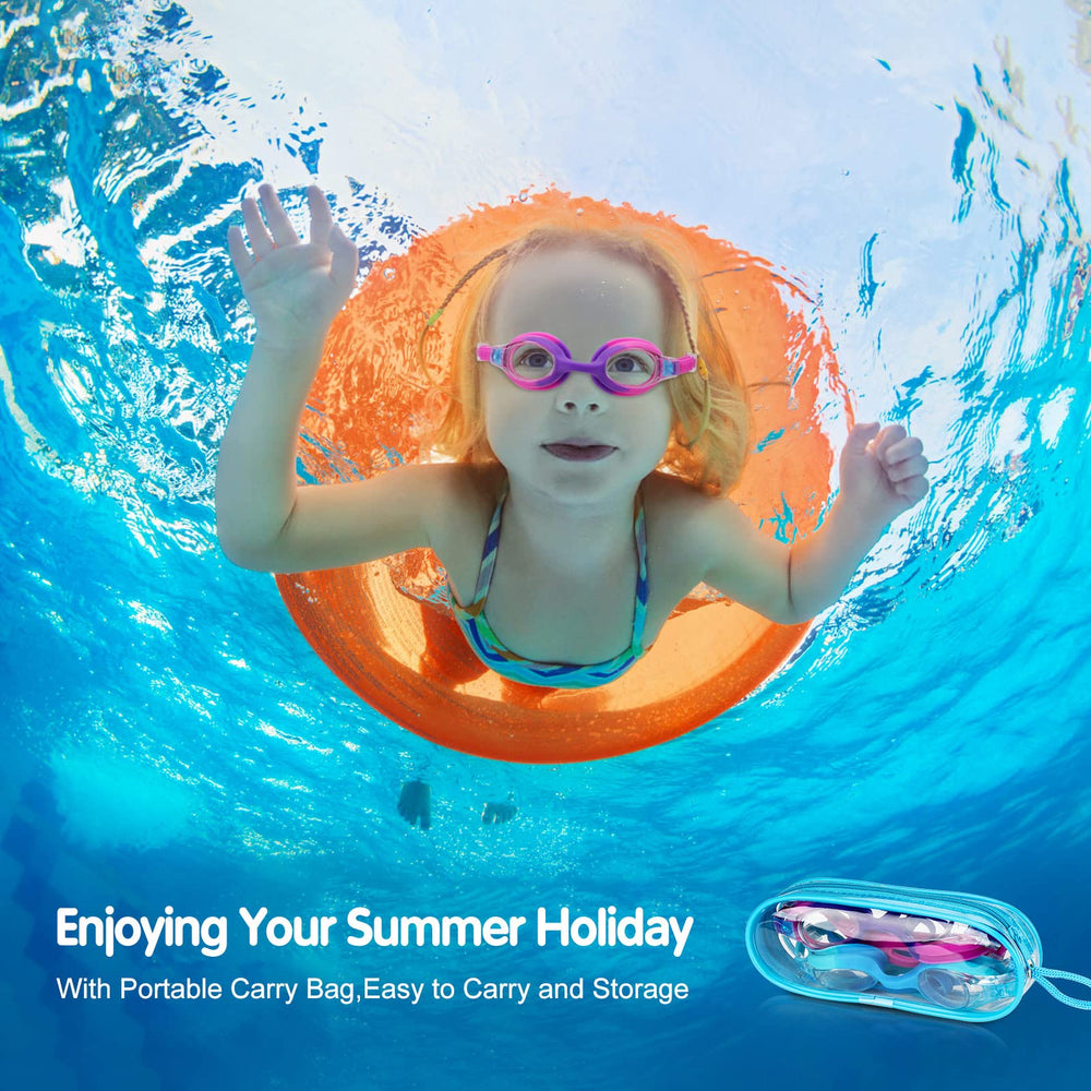 Kids Swim Goggles, 2 Pack Portable Swimming Goggles No Leaking Anti Fog Kids Goggles for Boys Girls(Age 6-14), Blue & Purple Pink