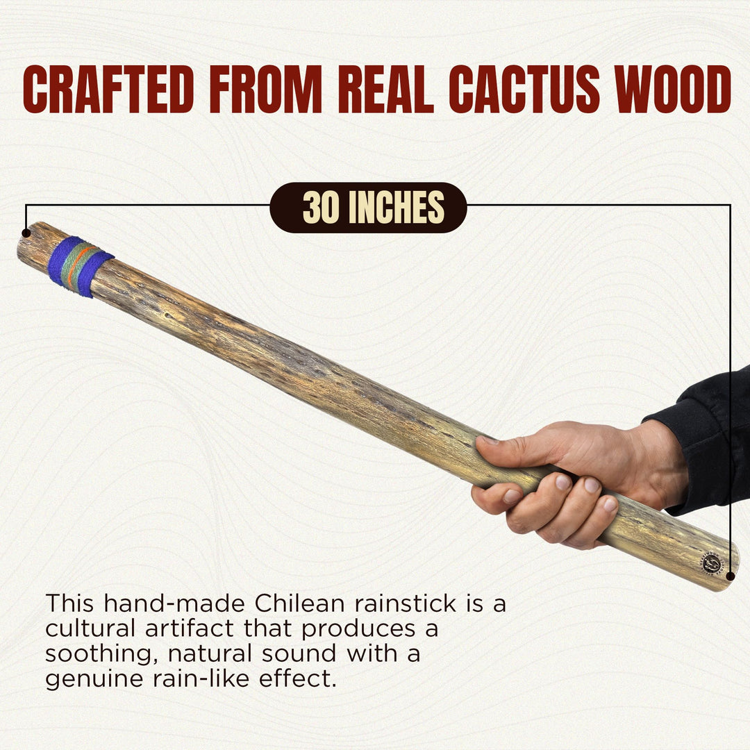 30 Cactus Rainstick from Chile - Authentic Handcrafted Rain Stick Musical Instrument with Rasta Yarn Wrap and Durable Sealant
