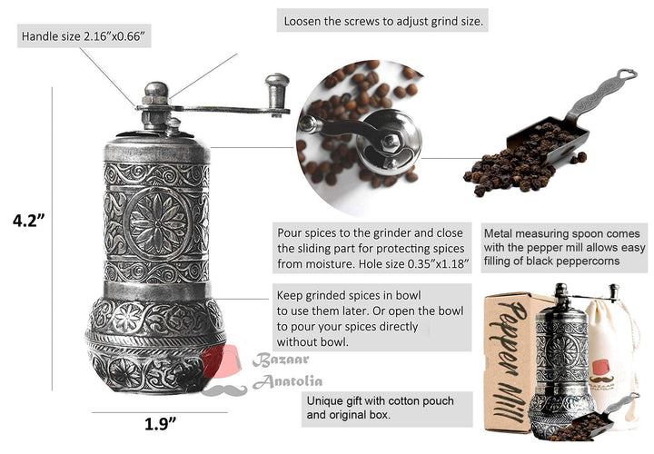 Turkish Pepper Mill Grinder Refillable Spice 4.2 Manual Crank Handle (Antique Gold)