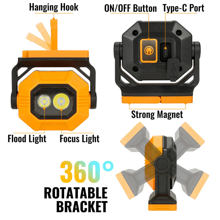LED Rechargeable Work Light, 1500LM Portable COB Magnetic Lights with 3 Modes &amp; 360° Rotatable, IPX4 Waterproof Worklight for Car Repairing, Job Site Lighting, Emergency (1 PC)
