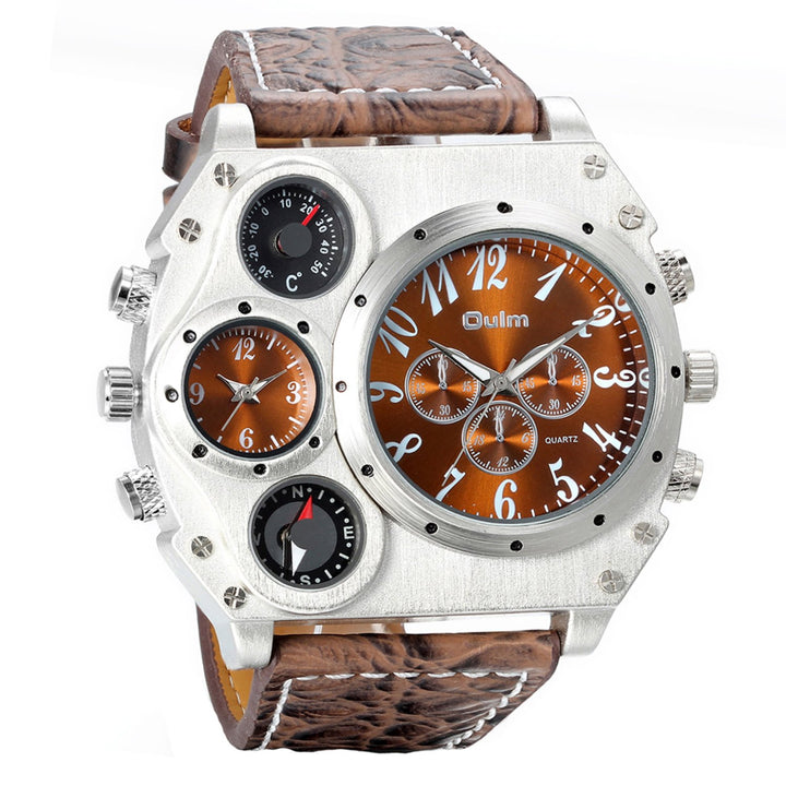 Mens Big Face Watch, Dual Time Zone Leather Strap Sport Watch, Analog Quartz Wrist Watch with Decorative Compass Thermometer Dial