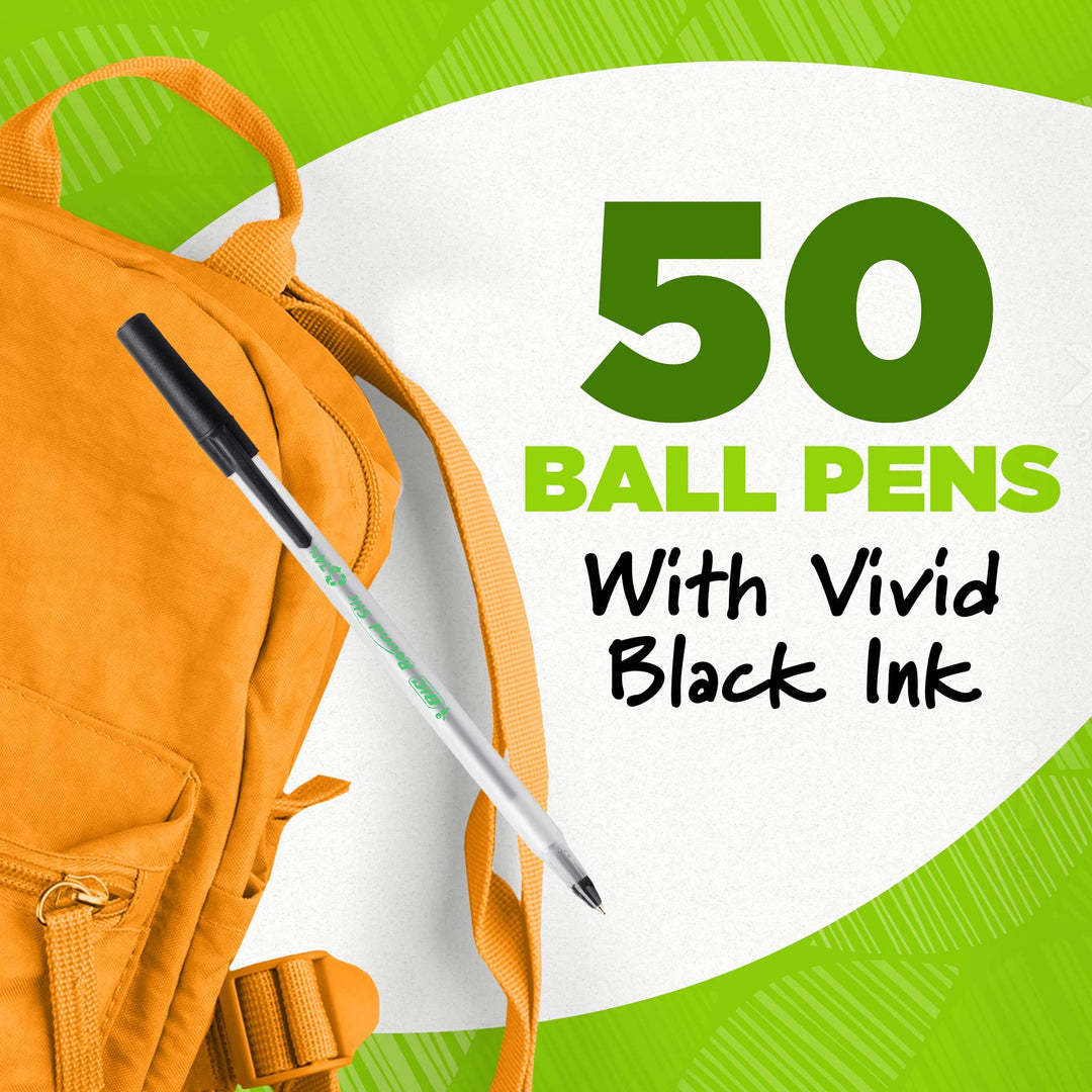 BIC ReVolution 97% Recycled Round Stic, Medium Point (1.0mm), Black, 50-Count Pack, Eco Friendly Pens For School Supplies, 100% Recycled Packaging