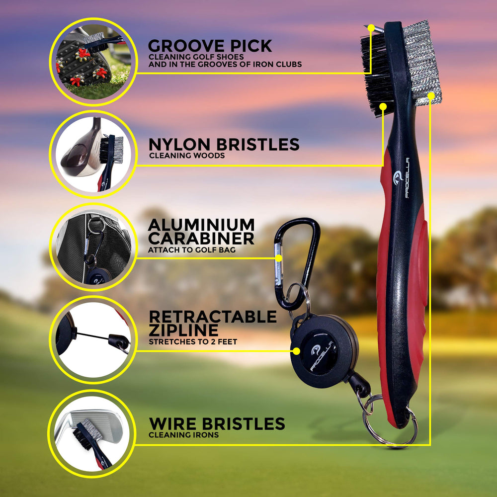 Golf Club Brush and Groove Cleaner, 2 Ft Retractable Zip-line, Golf Club Cleaner for Irons & Woods, Nylon & Wire Golf Club Cleaning Brush, Easily Attaches to Golf Bag, Great