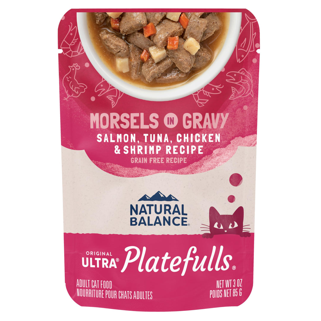 Original Ultra Platefulls Indoor Adult Grain Free Wet Cat Food, Salmon, Tune, Chicken &amp; Shrimp Recipe, 3 Ounce Pouch (Pack of 24)