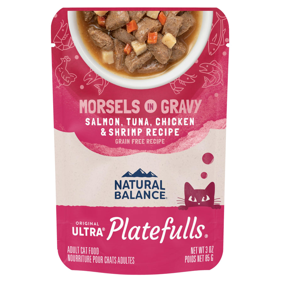 Original Ultra Platefulls Indoor Adult Grain Free Wet Cat Food, Salmon, Tune, Chicken & Shrimp Recipe, 3 Ounce Pouch (Pack of 24)