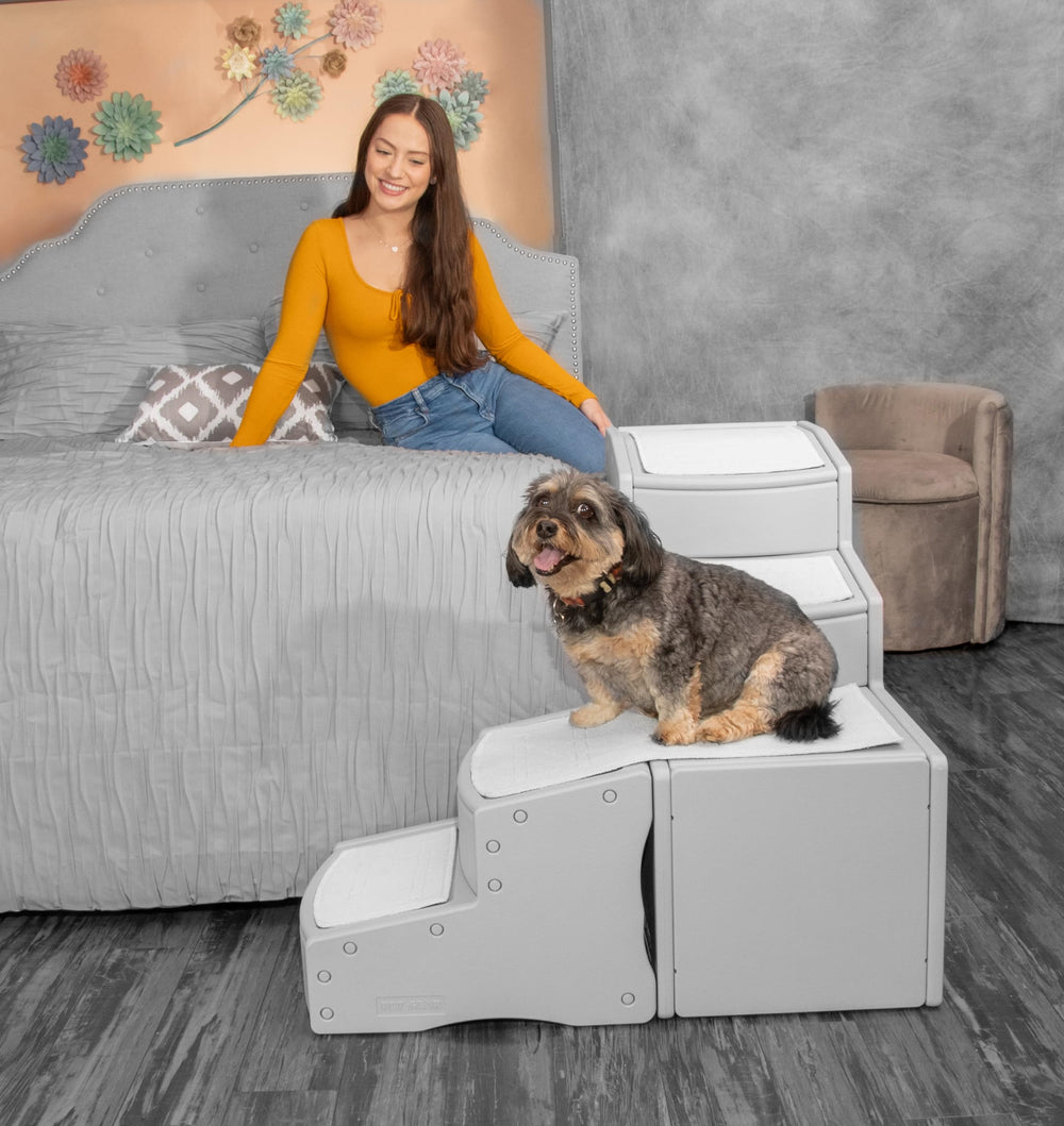 Easy Step Bed Stair for Cats/Dogs, Adjusts to Either Side of Bed, Removable Washable Carpet Treads, Storage Compartment, for Pets Up to 75lbs,New Essential Gray