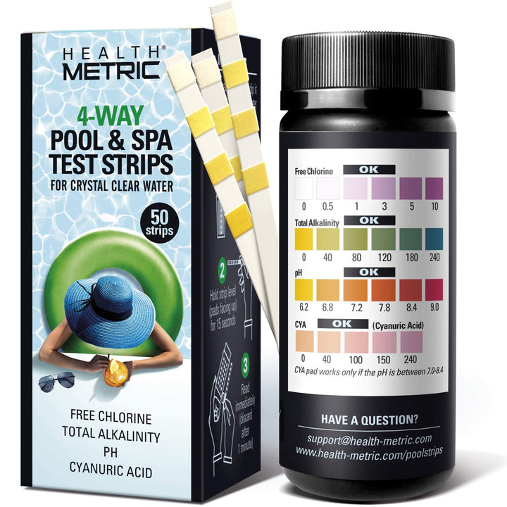 4-Way Pool and Spa Test Strips | 50 ct | Swimming Pool Testing Strip Kit for Chlorine Alkalinity pH &amp; Cyanuric Acid | Easy to Use Chemical Tester | Fast &amp; Accurate Water Maintenance
