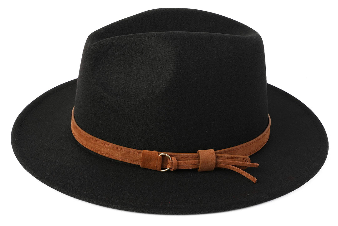 Classic Wide Brim Women Men Fedora Hat with Belt Buckle Felt Panama Hat (Black)