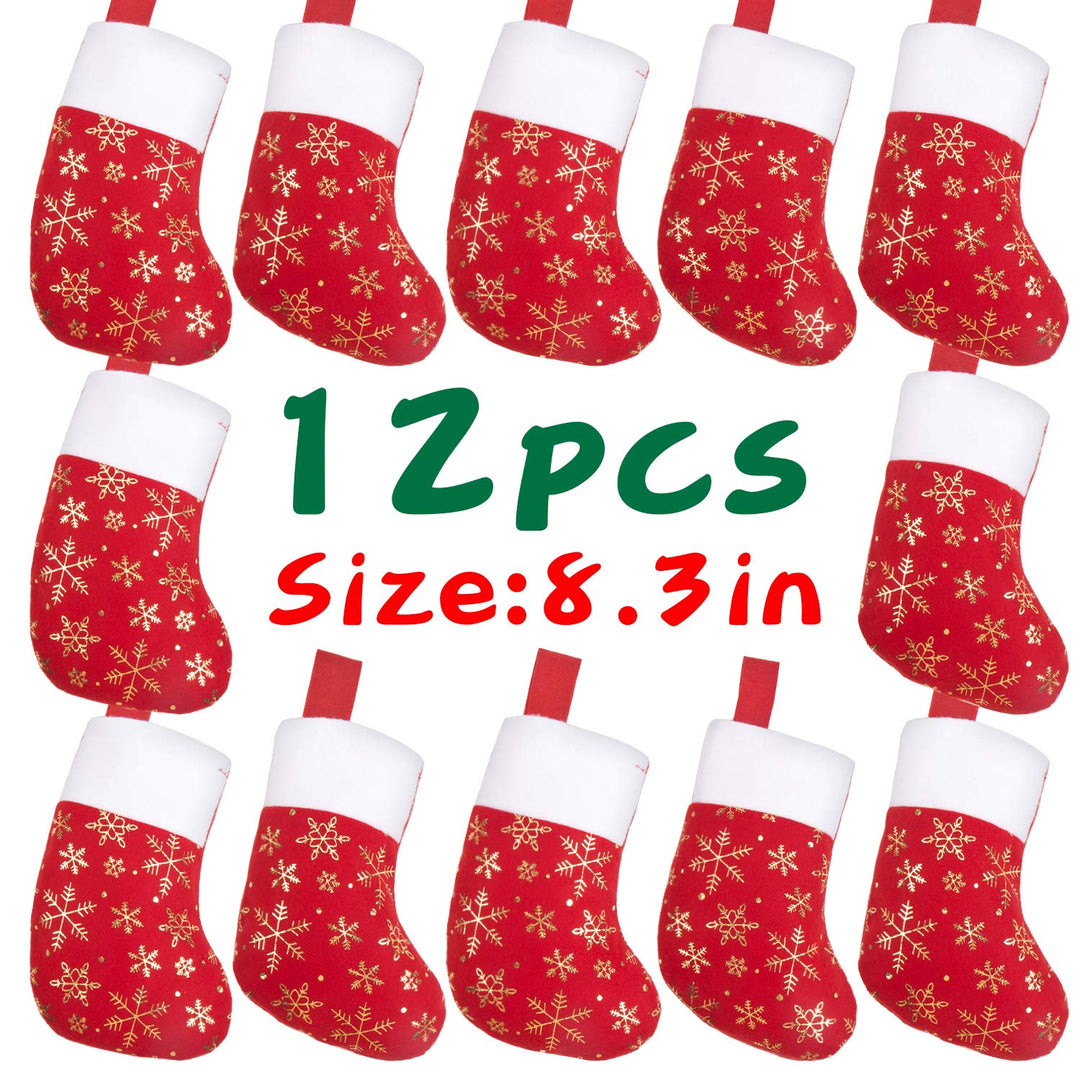 Christmas Mini Stockings,12 Pcs Felt Glitter Snowflake Stockings for Christmas Tree and Room Ornament Decoration and Gift Holder(8Inches)
