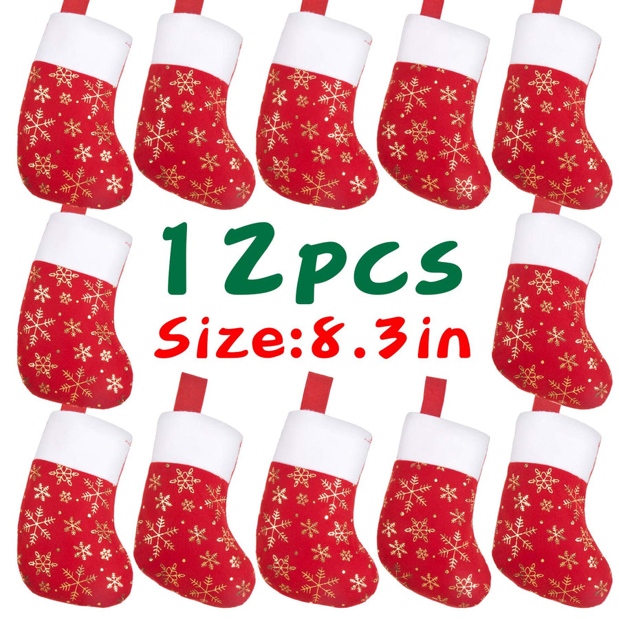 Christmas Mini Stockings,12 Pcs Felt Glitter Snowflake Stockings for Christmas Tree and Room Ornament Decoration and Gift Holder(8Inches)