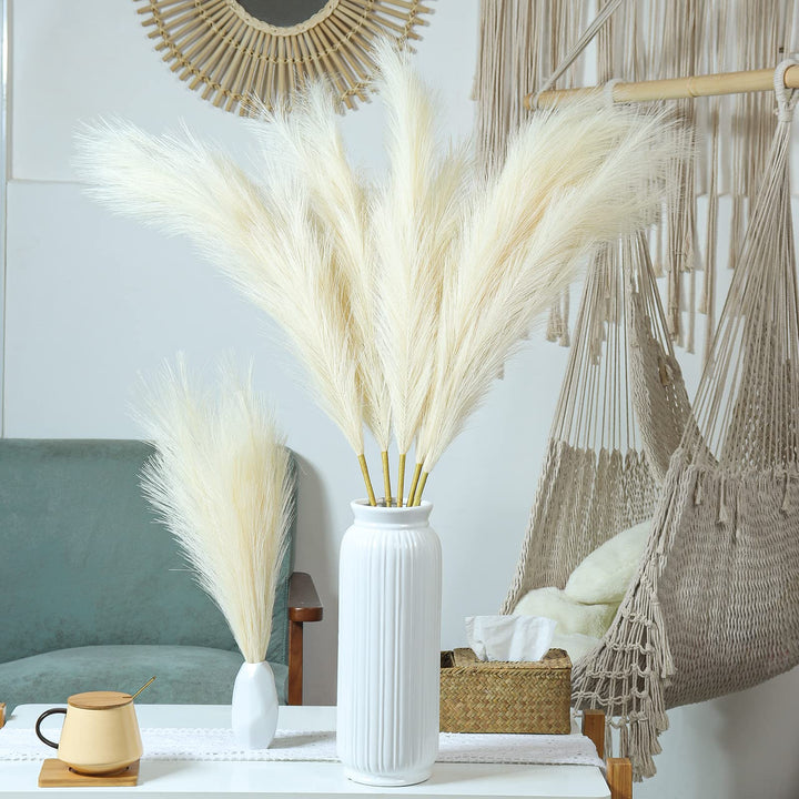 3 Pcs Faux Pampas Grass, 43 Tall Fluffy Non-Shedding Artificial Fake Flowers, Boho Vase Filler, Living Room Kitchen &amp; Wedding Fluffy Grass Decor (Beige)