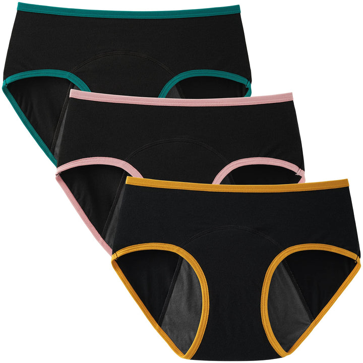 Teen Girls Period Underwear Cotton Leakproof Menstrual Panties 3 Pack(12-14 Years, 3 Black with Contrasting Hem)