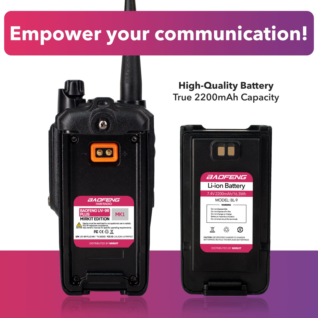 Mirkit Waterproof Baofeng Radio UV-9R Plus MK1 (UV-82 3rd Gen) 8 W VHF/UHF 144-148/420-450MHz Walkie Talkie with 2200mAh Battery &amp; Programming Cable. IP67 Handheld Radio: Dust, Cold, Waterproof