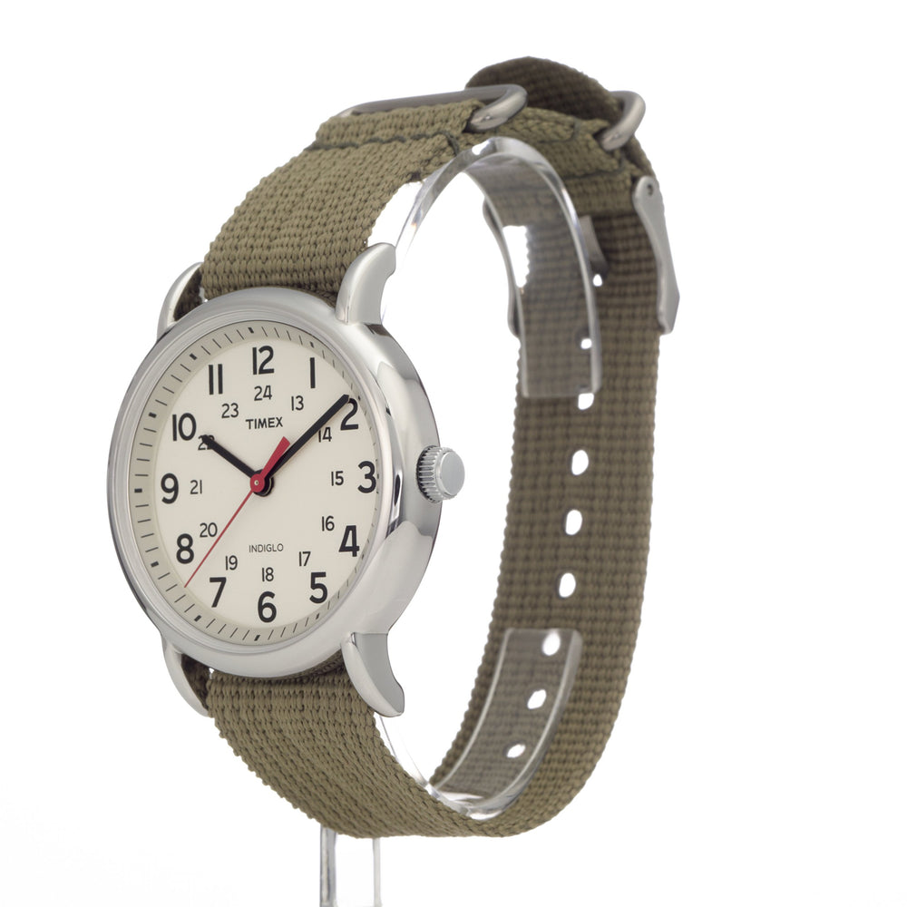 Unisex Weekender 38mm Watch – Silver-Tone Case Cream Dial with Olive Fabric Slip-Thru Strap